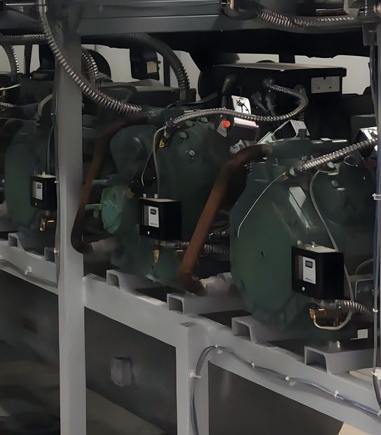 Detalle de los compresores de un rack de refrigeración